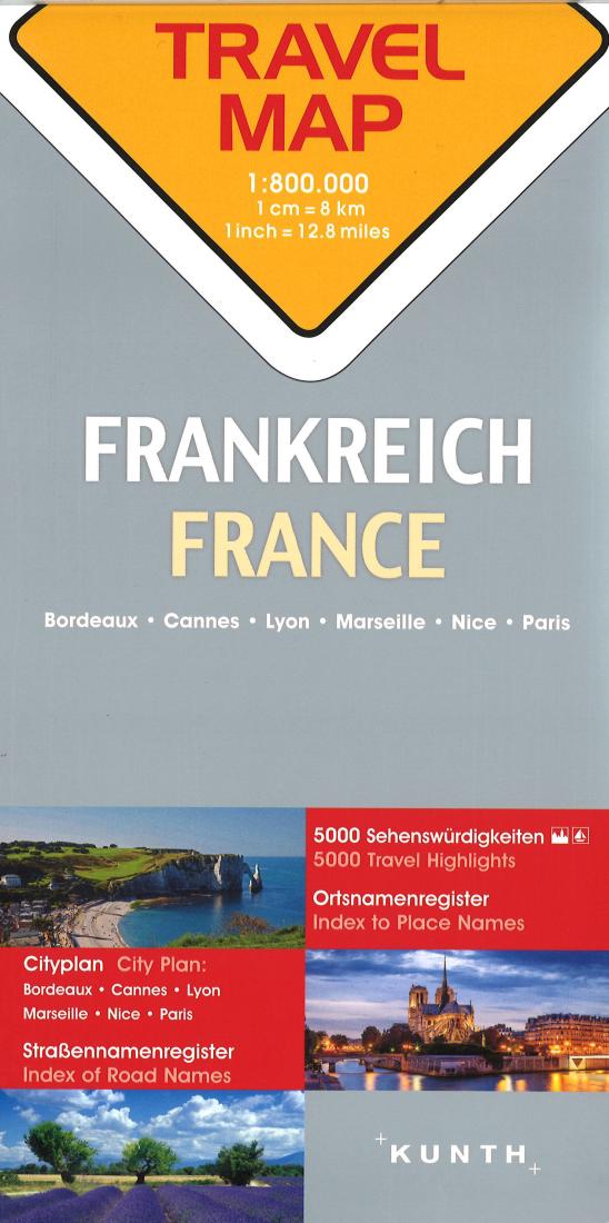 France: Travel Map, 1:800.000: Bordeaux, Cannes, Lyon, Marseille, Nice, Paris